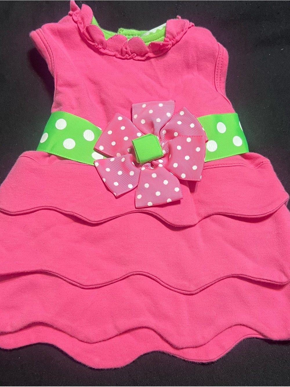 Mud Pie Pink Ruffled Baby Dress with Green Polka Dot Belt & Bow 0 to 6 months